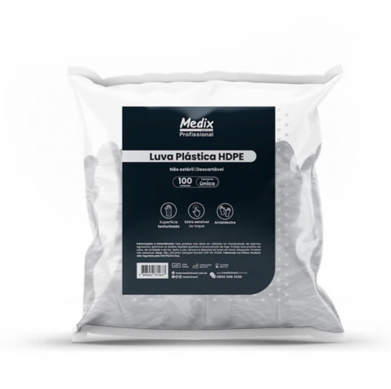 LUVA PLASTICA HDPE DESCARTAVEL - 100 UND - MEDIX